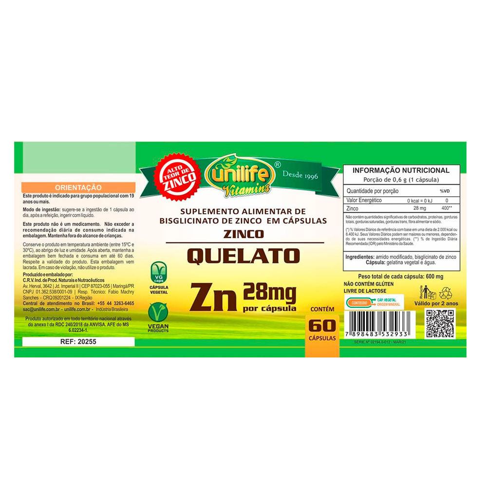 Zinco Bisglicinato Quelato Unilife 60 Cápsulas